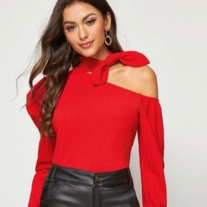 Asymmetrical Neck knot Red Detail Top.